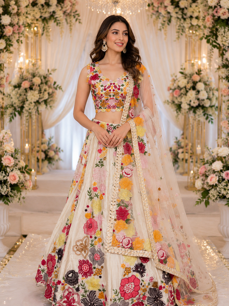 Chinon Lehenga Choli Set, Indian Bridal Wedding Outfit, Multi Sequence Work