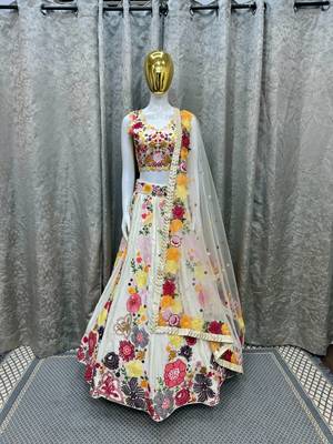 Chinon Lehenga Choli Set, Indian Bridal Wedding Outfit, Multi Sequence Work 2