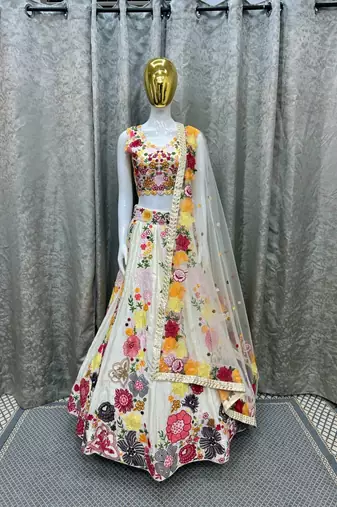 Chinon Lehenga Choli Set, Indian Bridal Wedding Outfit, Multi Sequence Work