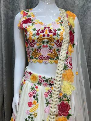 Chinon Lehenga Choli Set, Indian Bridal Wedding Outfit, Multi Sequence Work 3