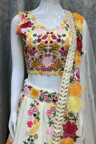 Chinon Lehenga Choli Set, Indian Bridal Wedding Outfit, Multi Sequence Work