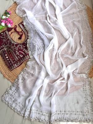 White Color  embroidery  sequence work satin  silk saree 2