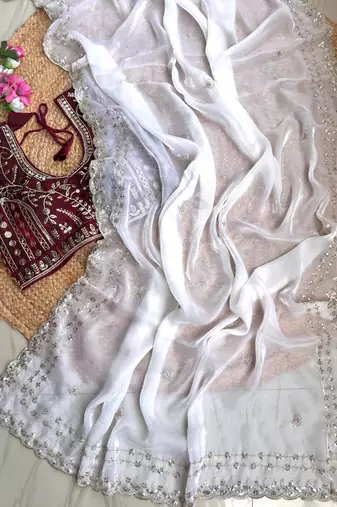 White Color  embroidery  sequence work satin  silk saree