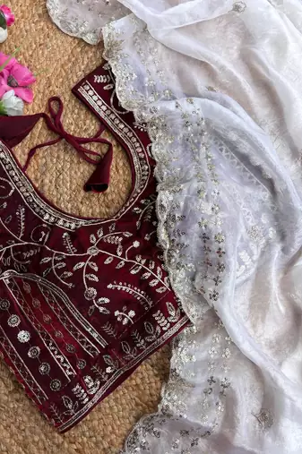 White Color  embroidery  sequence work satin  silk saree