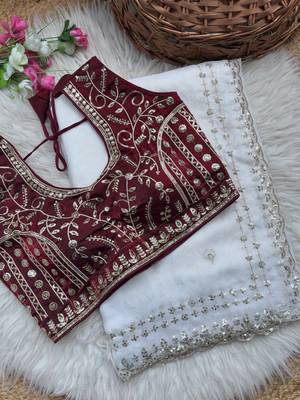 White Color  embroidery  sequence work satin  silk saree 4