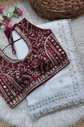 White Color  embroidery  sequence work satin  silk saree