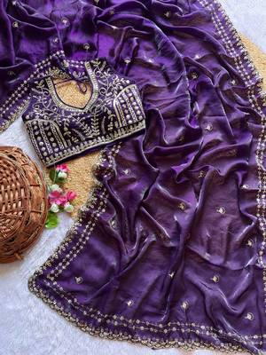 Purple Color  embroidery  sequence work satin  silk saree 1