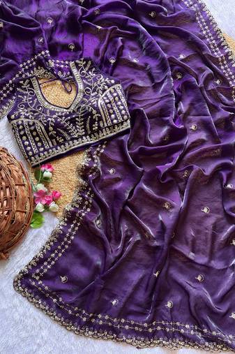 Purple Color  embroidery  sequence work satin  silk saree