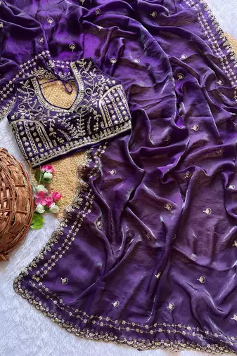 Purple Color  embroidery  sequence work satin  silk saree
