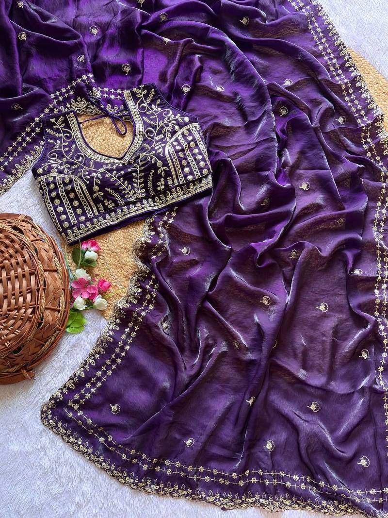 Purple Color  embroidery  sequence work satin  silk saree
