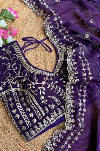 Purple Color  embroidery  sequence work satin  silk saree