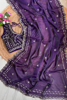Purple Color  embroidery  sequence work satin  silk saree 3