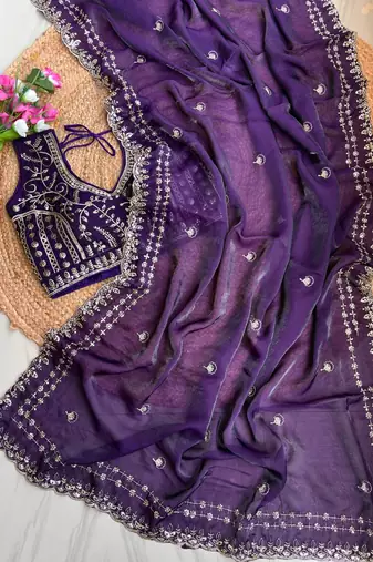 Purple Color  embroidery  sequence work satin  silk saree