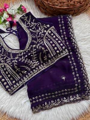 Purple Color  embroidery  sequence work satin  silk saree 4