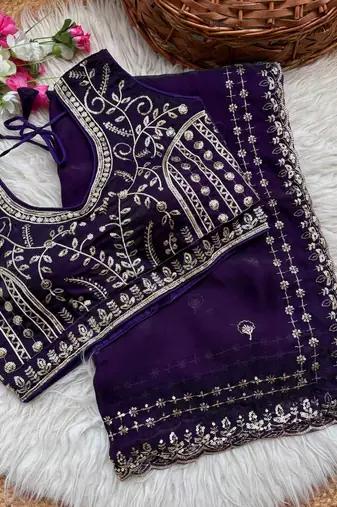 Purple Color  embroidery  sequence work satin  silk saree