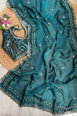 Teal Color embroidery sequence work satin silk saree 1