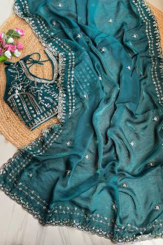 Teal Color embroidery sequence work satin silk saree