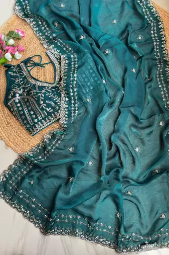Teal Color embroidery sequence work satin silk saree