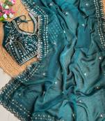 Teal Color embroidery sequence work satin silk saree