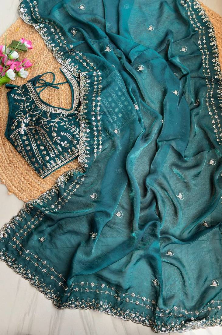 Teal Color embroidery sequence work satin silk saree