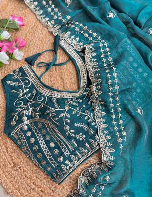 Teal Color embroidery sequence work satin silk saree 2