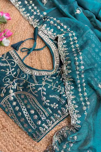 Teal Color embroidery sequence work satin silk saree