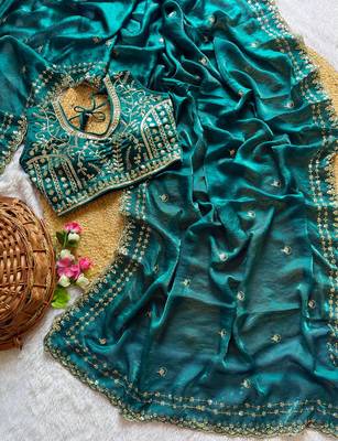 Teal Color embroidery sequence work satin silk saree 3