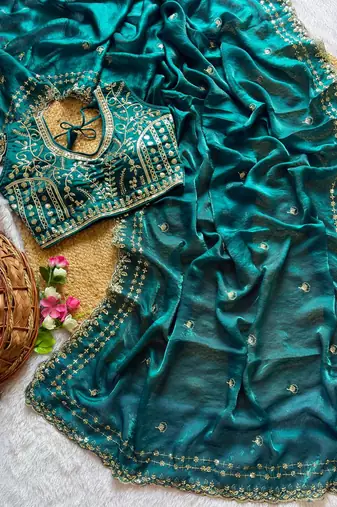 Teal Color embroidery sequence work satin silk saree