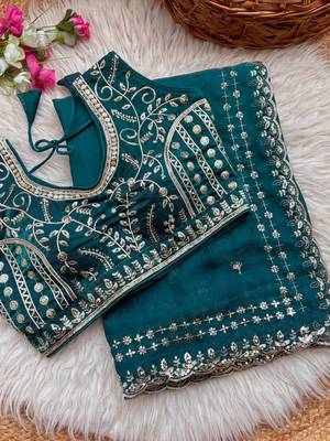 Teal Color embroidery sequence work satin silk saree 4