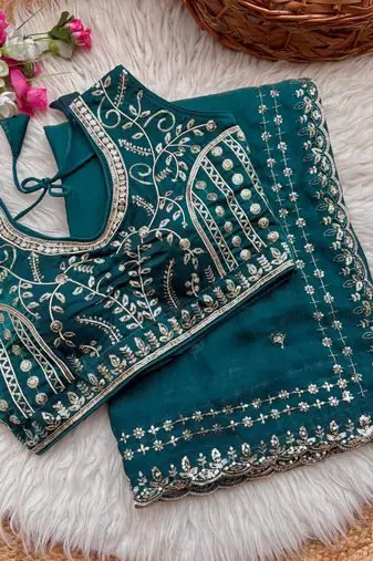 Teal Color embroidery sequence work satin silk saree