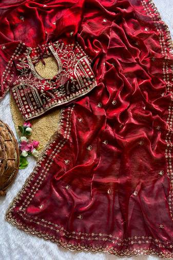 Maroon Color embroidery sequence work satin silksaree