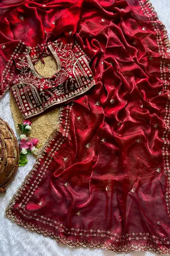 Maroon Color embroidery sequence work satin silksaree