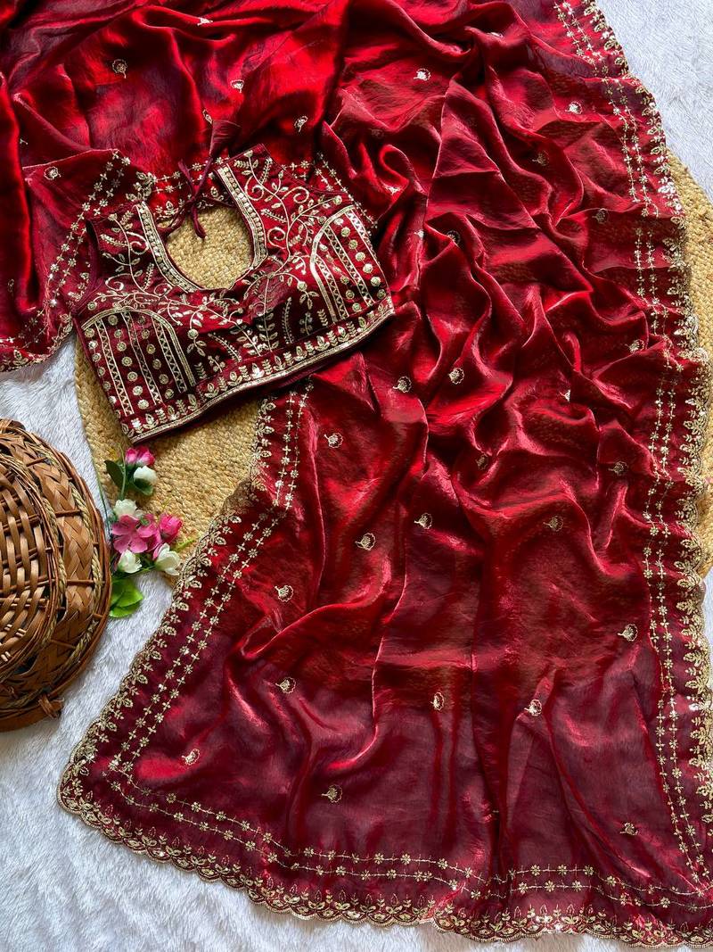 Maroon Color embroidery sequence work satin silksaree