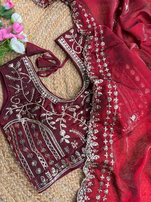Maroon Color embroidery sequence work satin silksaree 2