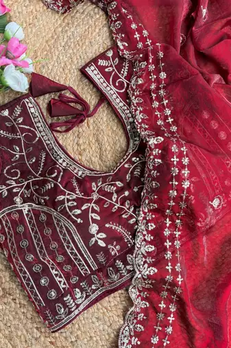 Maroon Color embroidery sequence work satin silksaree