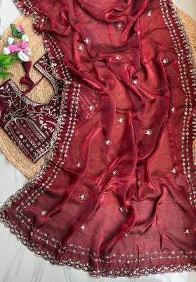 Maroon Color embroidery sequence work satin silksaree 3