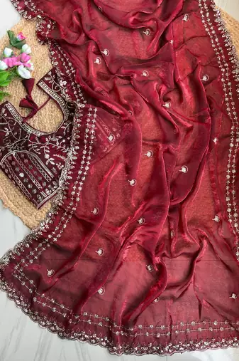 Maroon Color embroidery sequence work satin silksaree