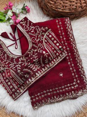 Maroon Color embroidery sequence work satin silksaree 4
