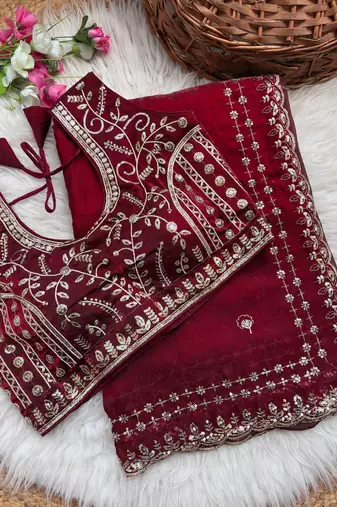 Maroon Color embroidery sequence work satin silksaree