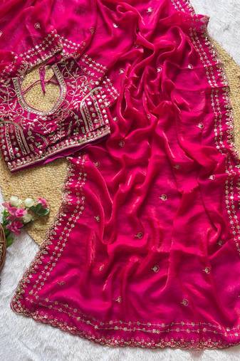 Rani Pink Color embroidery sequence work satin silk saree