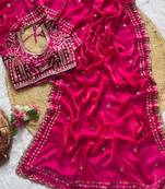 Rani Pink Color embroidery sequence work satin silk saree