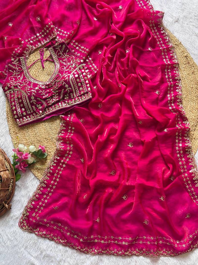 Rani Pink Color embroidery sequence work satin silk saree