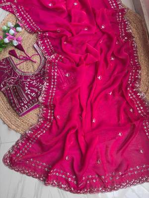 Rani Pink Color embroidery sequence work satin silk saree 2