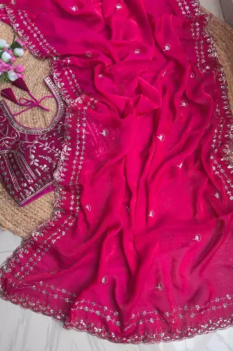 Rani Pink Color embroidery sequence work satin silk saree
