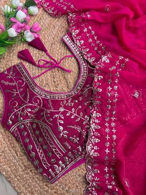 Rani Pink Color embroidery sequence work satin silk saree 3