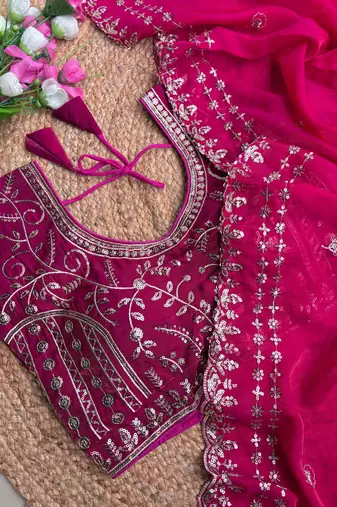 Rani Pink Color embroidery sequence work satin silk saree