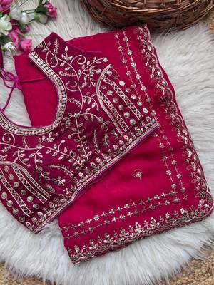 Rani Pink Color embroidery sequence work satin silk saree 4