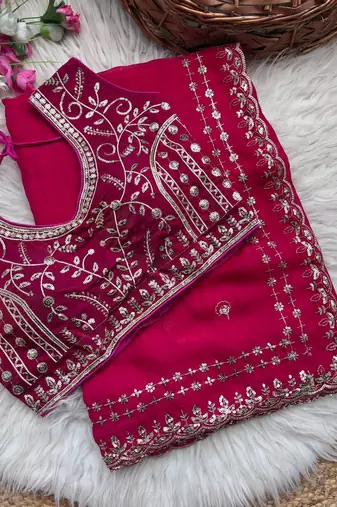 Rani Pink Color embroidery sequence work satin silk saree