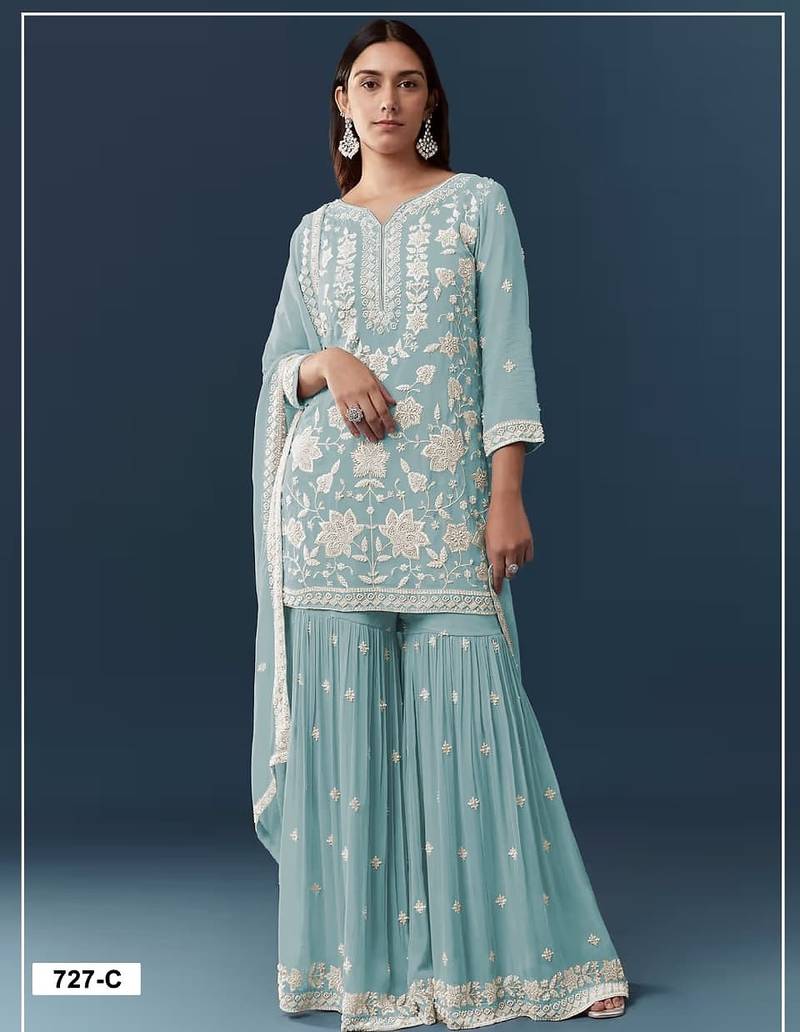 Sky blue georgette semi stitched wedding suits