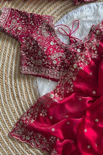 Red Color embroidery sequence work satin silk saree